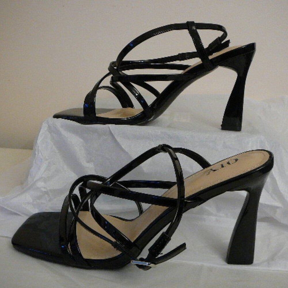 QIY Women's Black Square Open toe Strappy Sandals Unique 3.75" Heel-Size 10-NEW